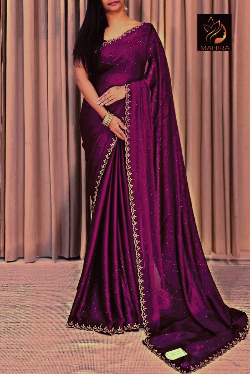 chiffon satin silk saree diamond siroski work And Hot fixBlouse