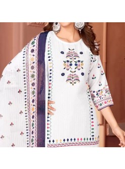 Elegant Cream Embroidered Ethnic Suit with BLUE Dupatta Beautiful Printed maslin dupata with full Sequence Work