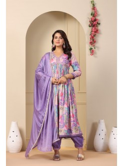 Lavender Floral Printed Anarkali Suit with Lace Detailing & Dupatta
