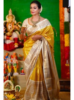 Golden Kanjivaram Silk Saree with Zari Border – Ethics Aura