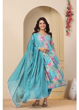 Elegant Floral Printed Salwar Kameez with Dupatta – Sky Blue