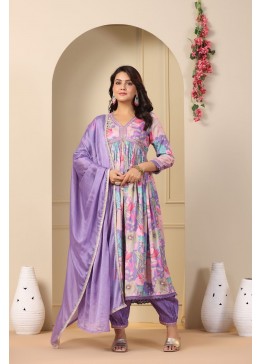Lavender Floral Printed Anarkali Suit with Lace Detailing & Dupatta