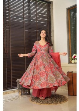 Elegant Floral Anarkali Suit – Peach & Gold