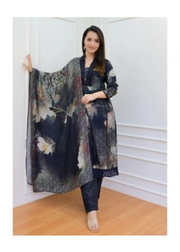  Elegant Printed Salwar Kameez Set - Navy Blue