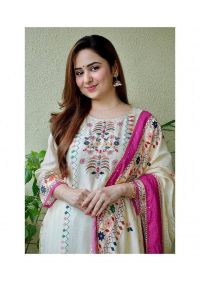 Elegant Cream Embroidered Ethnic Suit with Pink Dupatta Beautiful Printed maslin dupata with full Sequence Work