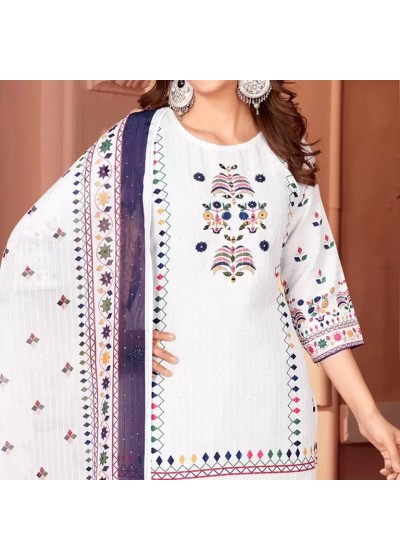 Elegant Cream Embroidered Ethnic Suit with BLUE Dupatta Beautiful Printed maslin dupata with full Sequence Work