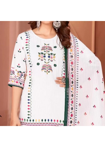 Elegant Cream Embroidered Ethnic Suit with GREEN Dupatta Beautiful Printed maslin dupata with full Sequence Work