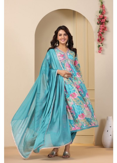 Elegant Floral Printed Salwar Kameez with Dupatta – Sky Blue