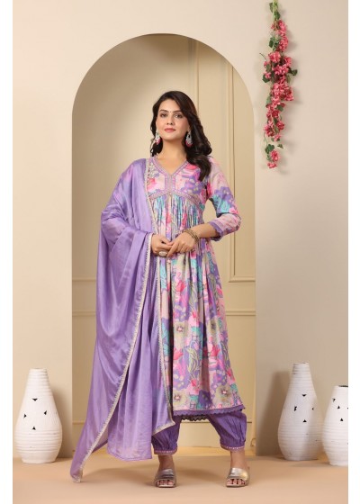 Lavender Floral Printed Anarkali Suit with Lace Detailing & Dupatta