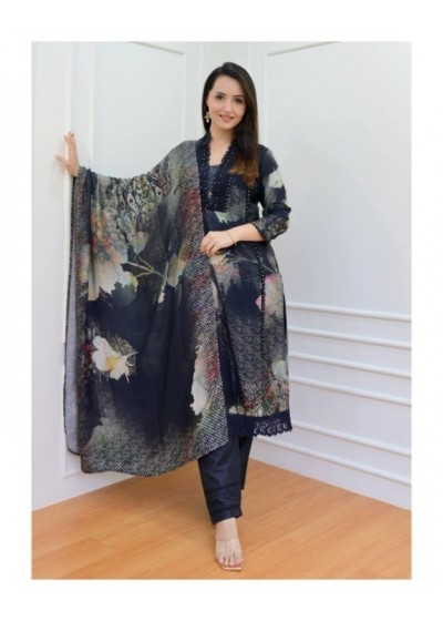  Elegant Printed Salwar Kameez Set - Navy Blue