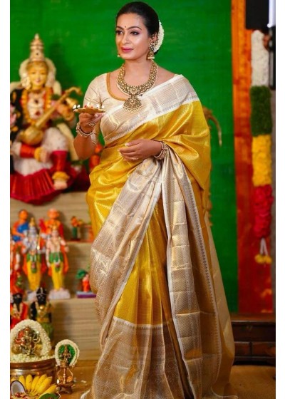 Golden Kanjivaram Silk Saree with Zari Border – Ethics Aura