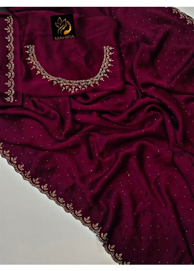 chiffon satin silk saree diamond siroski work And Hot fixBlouse